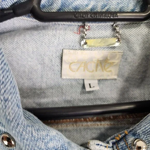 Womens Cache Studded Blue Denim Jean Jacket Button Up Long Sleeve Cotton Size L - Picture 3 of 8